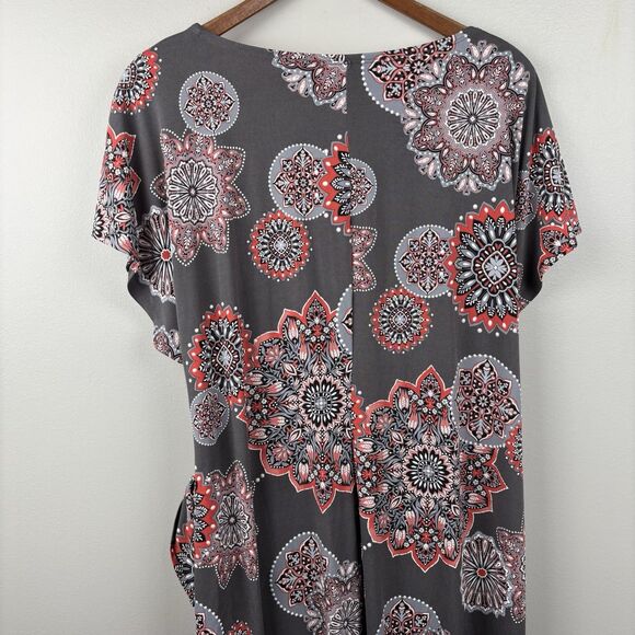 Robbie Bee Floral Medallion Wrap Dress Size 1X Gray Coral Pink Short Sleeve - Picture 2 of 11